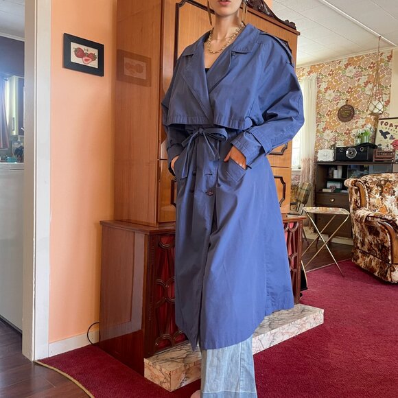 1980s classic double breasted belted periwinkle long trench coat! - Picture 8 of 16
